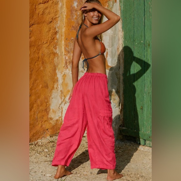 Free People Pants - Free People Linen Blend Cargo Pants Coral Pink Quartz Wide Leg Resort NWT